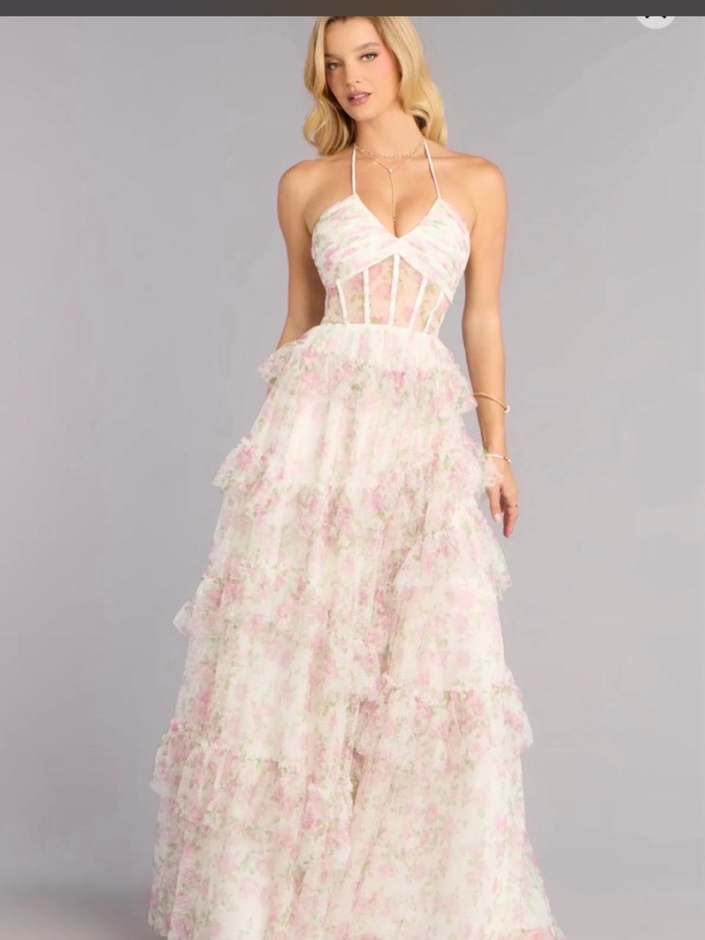 Windsor Pink Floral Halter Ruffle prom Dress